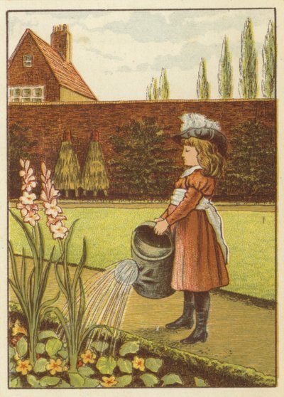 Tyttö kastelee puutarhaa (väri litho) tekijältä John George (after) Sowerby