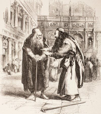 Kuvitus Venetsian kauppiaalle, Shylock ja Tubal kohtaavat kadulla, näytös III, kohtaus I, julkaisusta The Illustrated Library Shakespeare, julkaistu Lontoossa 1890 tekijältä John Gilbert