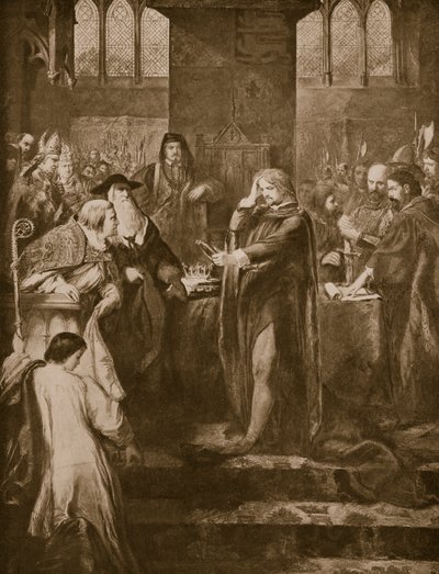 Kuningas Richard II luopumassa kruunusta serkkulleen Bolingbrokelle, kuvitus "Hutchinsonin tarinasta brittiläisestä kansasta", n. 1920 tekijältä John Gilbert