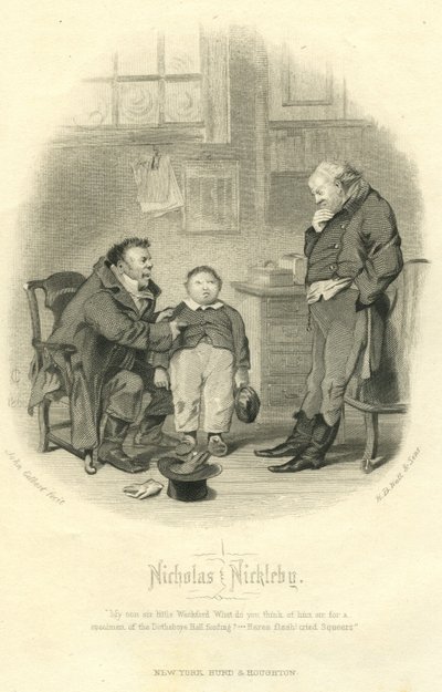 Nicholas Nickleby: Wackford Squeers ja Young Wackford Squeers, kaiverrus H.B. Hall und Sons, 1867 tekijältä John Gilbert