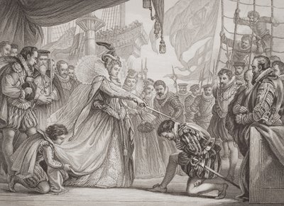 Kuningatar Elisabeth I (1530-1603) tekee ritariksi Francis Draken (1540-96) Englannin ja Skotlannin historian kuvituksista I osasta tekijältä John Gilbert