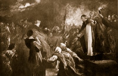 Kardinaali Wolseyn saapuminen Leicester Abbeyyn, 1530, kuvitus Hutchinsonin kirjasta "Story of the British Nation", n. 1920 tekijältä John Gilbert