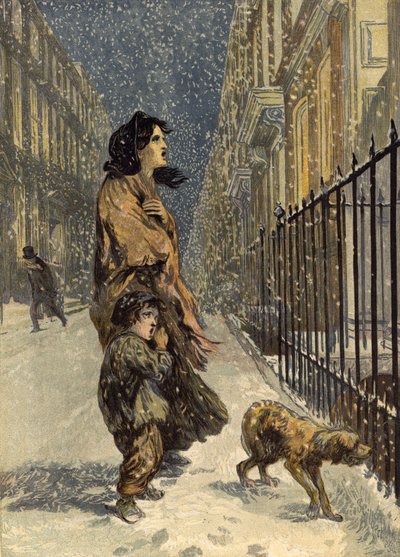 Kodittomat köyhät, äiti ja lapsi koiran kanssa lumessa (chromolitho) tekijältä John Gilbert
