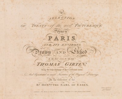Valikoima kahdestakymmenestä Pariisin ja sen ympäristön kauneimmista näkymistä: otsikkosivu, 1803. tekijältä John Girtin