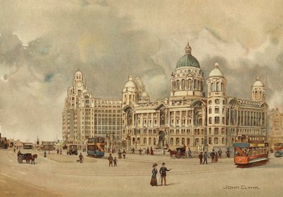 Liverpool: Mersey Docks and Harbour Boardin toimistot, The Liver Building jne., Approach to Landing Stage (värilitho) tekijältä John Glynn