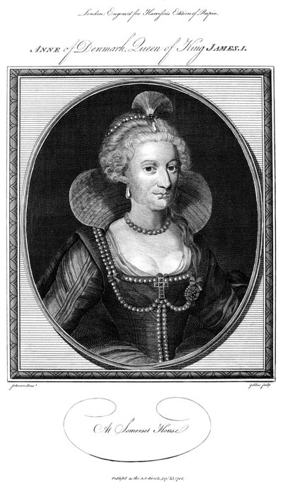 Anna Tanskan 1574-1619, kuningas Jaakob I:n kuningatar puoliso, 1786. tekijältä John Goldar