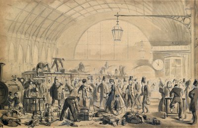 Jouluaatto Kings Crossin asemalla, n. 1870-1890 (kynä ja pesu paperille) tekijältä John Gordon Thomson