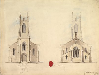 Suunnitelma ehdotettuun kirkkoon Middlesboroughissa, 1837 tekijältä John Greenwood