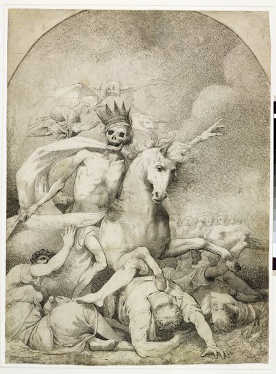 Kuolema vaalealla hevosella, n. 1775 (kynä ja musta muste kudospaperilla) tekijältä John Hamilton Mortimer