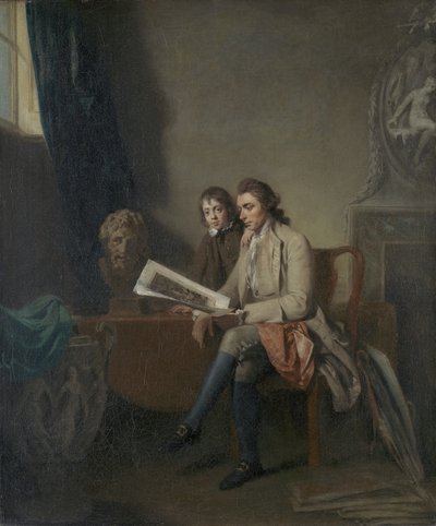 Muotokuva miehestä ja pojasta katsomassa printtejä, n. 1765-70 tekijältä John Hamilton Mortimer