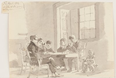 Pojat lukevat Storrsissa, Elterwaterissa, 1814 (kynä ja muste pesulla paperille) tekijältä John Harden