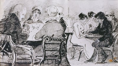 Kortit ja shakki, 1815 (kynä ja muste paperille) tekijältä John Harden