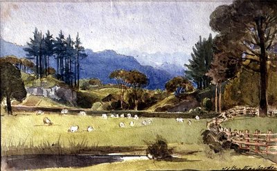 Langdale Windermeren pohjoisrannalta (akvarelli paperille) tekijältä John Harden