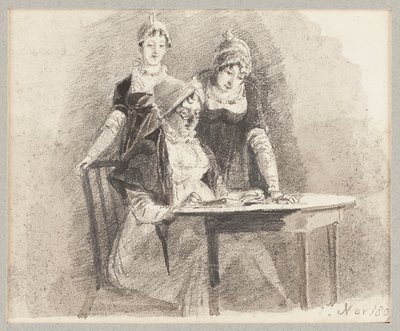 Kolme pöydässä, yksi istuu, 1807 (lyijykynä ja pesu paperille) tekijältä John Harden