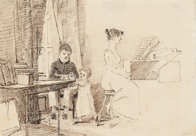 Kaksi lasta ja nainen pianon ääressä, 1807 tekijältä John Harden