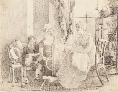 Naiset kehrässä ja poika leluveneellä, 1807 tekijältä John Harden