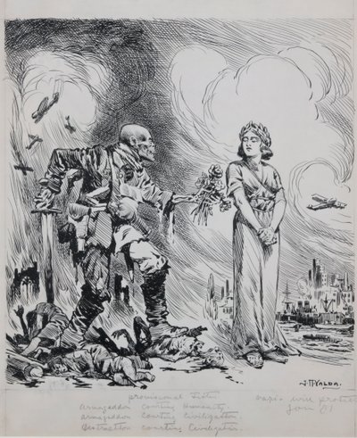 Armageddon kosiskelee ihmiskuntaa (kynä ja tussi paperille) tekijältä John Harris Valda