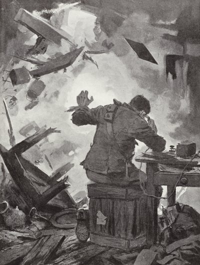 Bombardier W H French lopetti viestinsä sen jälkeen, kun ammus oli tullut huoneen läpi, johon hän soitti, Helpegarde, I maailmansota tekijältä John Harris Valda