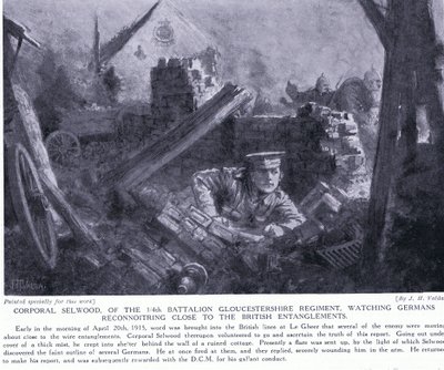 Alikersantti Selwood sai DCM:n tarkkaillessaan saksalaisten tiedustelua brittiläisten sotkujen lähellä Le Gheerissä huhtikuussa 1915. tekijältä John Harris Valda