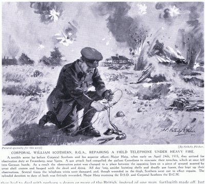 Alikersantti William Scothern RGA korjasi kenttäpuhelinta raskaan tulen alla, sai DCM Ypresin toukokuussa 1915 tekijältä John Harris Valda