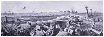 Kaasuhyökkäys toisen Lancashire Fusiliersin juoksuhaudoihin, jossa sotamies Lyn menetti henkensä, mutta voitti VC:n. Ypres huhtikuuta 1915 tekijältä John Harris Valda