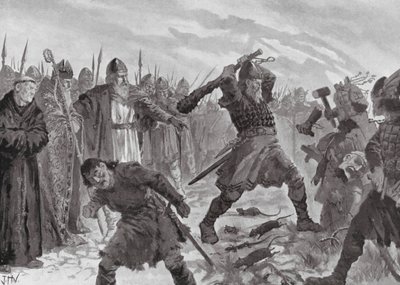 Kuningas Olav Pyhä rikkoo Morin jumalan kuvan. tekijältä John Harris Valda