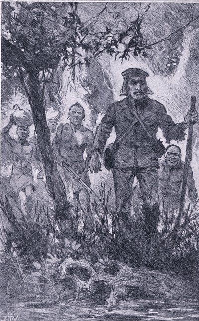Livingstone ampui leijonaa kohti, mutta leijona hyökkäsi hänen kimppuunsa ja puri hänen olkapäätään ja mursi hänen vasemman kätensä, Newnes Pictorial Knowledge julkaisi Newnes, noin 1950-luku (litho) tekijältä John Harris Valda