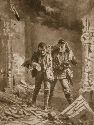 Sotamies A.E. Walker auttaa haavoittunutta toveriaan sairaalana käytetystä palavasta kirkosta. tekijältä John Harris Valda