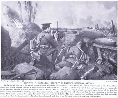 Sotamies F Hamilton palkittiin DCM:llä pysäyttämällä vihollisen pommitushyökkäys heinäkuussa 1915 Hoogessa. tekijältä John Harris Valda