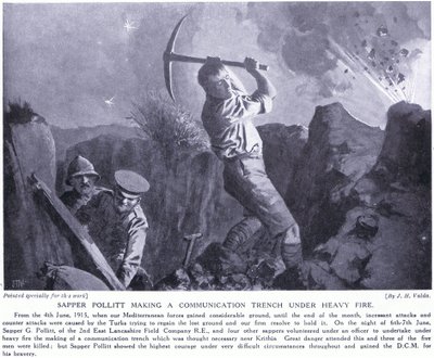 Sapper Pollitt rakentamassa viestintähautaa raskaan tulen alla Gallipolin niemimaalla kesäkuuta 1915 tekijältä John Harris Valda