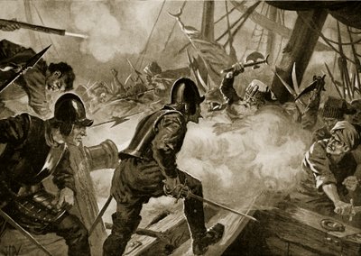 Lepanton taistelu, kuvitus "Hutchinsonin kansojen historiasta", n. 1915 (litho) tekijältä John Harris Valda