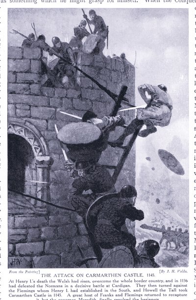 Hyökkäys Carmarthenin linnaan AD1136, 1920-luku tekijältä John Harris Valda