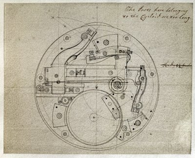 John Harrisonin (1693-1776) piirros H4-kellon liikkeestä, n. 1759 (kynä ja muste paperille) tekijältä John Harrison