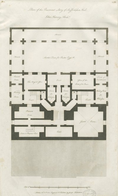 Stafford - Plan of Basement Story of Shire Hall: kaiverrus, nd [1794-1798] (painettu) tekijältä John Harvey