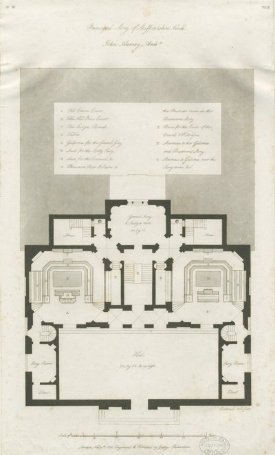 Stafford - Shire Hallin pääkerroksen suunnitelma: kaiverrus, nd [1794-1798] (painettu) tekijältä John Harvey