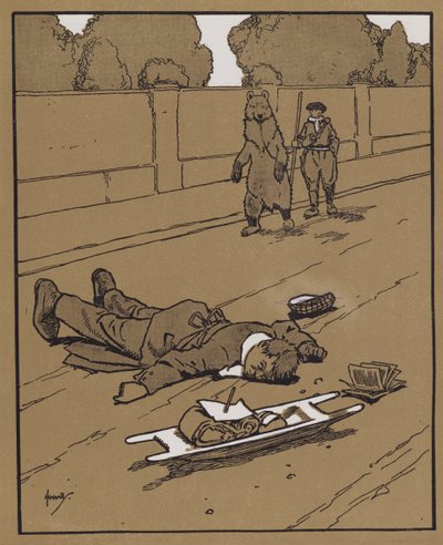 "Päivällä ei ole mitään muuta kuin vanhanaikainen hyvä suoja kuolleiden lyömiseksi" (väri litho) tekijältä John Hassall