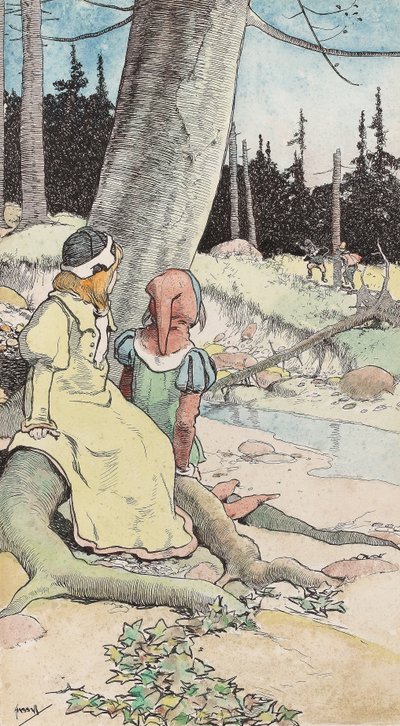The Babes in the wood, n. 1900 (akvarelli & kynä & muste paperille) tekijältä John Hassall