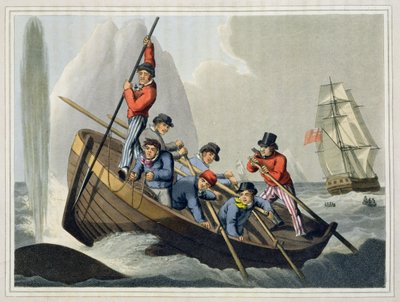 Laivan vene hyökkää valaan kimppuun, kaiverrus Matthew Dubourg (fl.1785-1820), julkaisija Edward Orme, 1813 tekijältä John Heaviside Clark