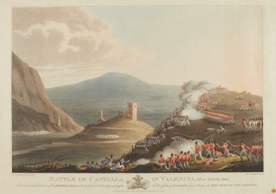 Castallan taistelu Valenciassa, 13. huhtikuuta 1813, kaiverrus Dubourg, 1814 (värillinen akvatinta) tekijältä John Heaviside Clark
