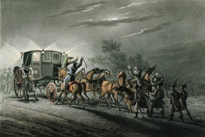 Majuri von Kellerin Bonaparten vaunun, paperin ja aarteen vangitseminen, Waterloo, 18. kesäkuuta 1815, kaiverrus Matthew Dubourg (fl.1813-20) tekijältä John Heaviside Clark