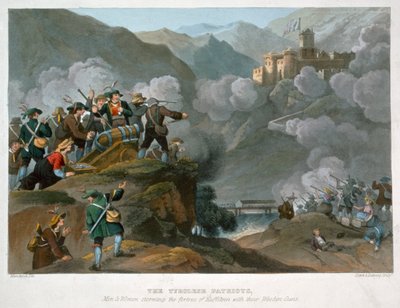 "Tirolilaiset patriootit hyökkäämässä Kuffsteinin linnoitukselle puisilla aseillaan, 1816 tekijältä John Heaviside Clark