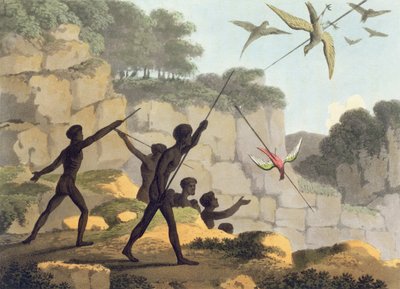 Throwing the Spear, aboriginaalit metsästävät lintuja Uudesta Etelä-Walesista Matthew Dubourgin (f.1813-1820) pubin kaiverruksella. 1813 tekijältä John Heaviside Clark
