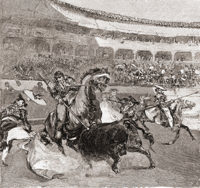 Härkätaistelu Sevillassa, Espanjassa, The Century Illustrated Monthly Magazine, julkaistu 1884 (puukaiverrus) tekijältä John Henry Ellsworth Whitney