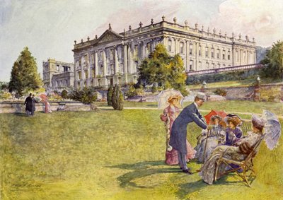 Chatsworth House (väri litho) tekijältä John Henry Frederick (after) Bacon