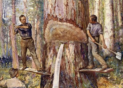Metsämiehet leikkaavat puuta (väri litho) tekijältä John Henry Frederick (after) Bacon