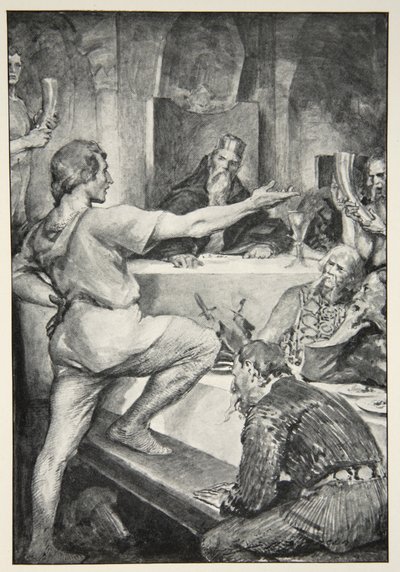 Beowulf vastaa ylpeästi Hunferthille M.I.:n teoksesta Hero Myths and Legends of the British Race. Ebbutt, 1910 tekijältä John Henry Frederick Bacon