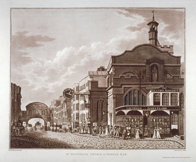 Fleet Street St Dunstanista lännessä Temple Bariin, Lontoon kaupunkiin, 1802 tekijältä John Hickin