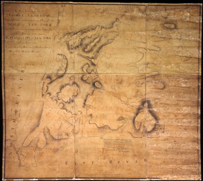 Hänen ylhäisyydelleen George Clintonille, Esq. . . . Tämä New Yorkin kaupungin ja sen ympäristön suunnitelma . . ., 1785 (musta ja värillinen muste, musta lyijykynä ja värillinen pesu kankaalla varustetulle paperille) tekijältä John Hills