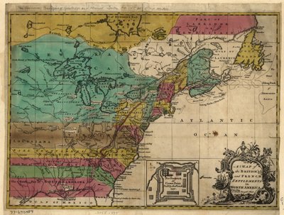 Kartta Britannian ja Ranskan siirtokunnista Pohjois-Amerikassa. LOC 77690484 tekijältä John Hinton