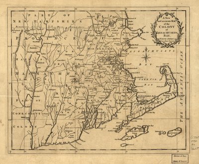 Uusi ja tarkka kartta Massachusetsin (eli Massachusettsin) lahden siirtokunnasta Pohjois-Amerikassa, myöhäisen kartoituksen perusteella. LOC 2001620337 tekijältä John Hinton